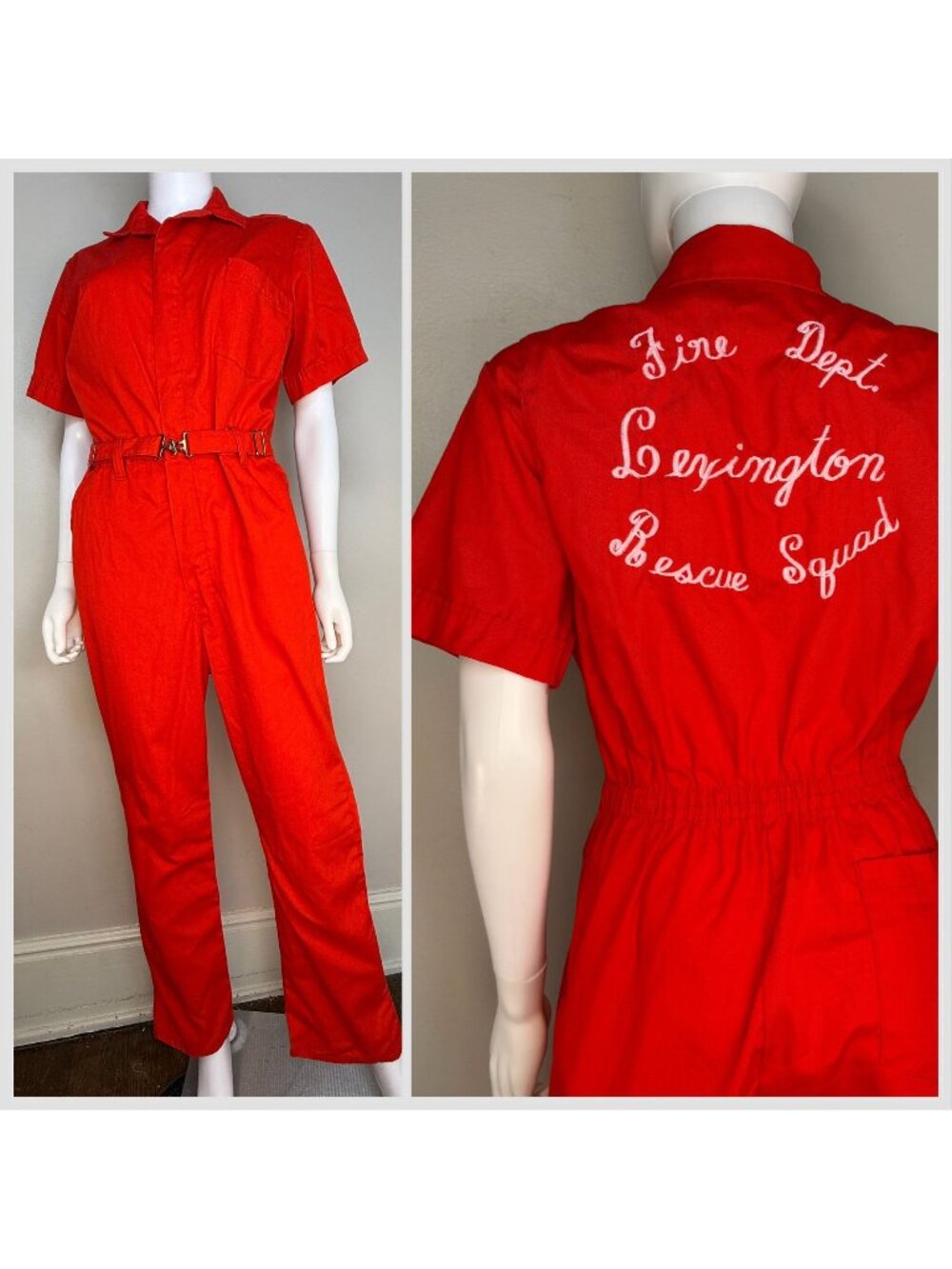 Vintage 1970s Women’s Red Coveralls Jumpsuit, Fire Dept, Embroidered, S&H Medium